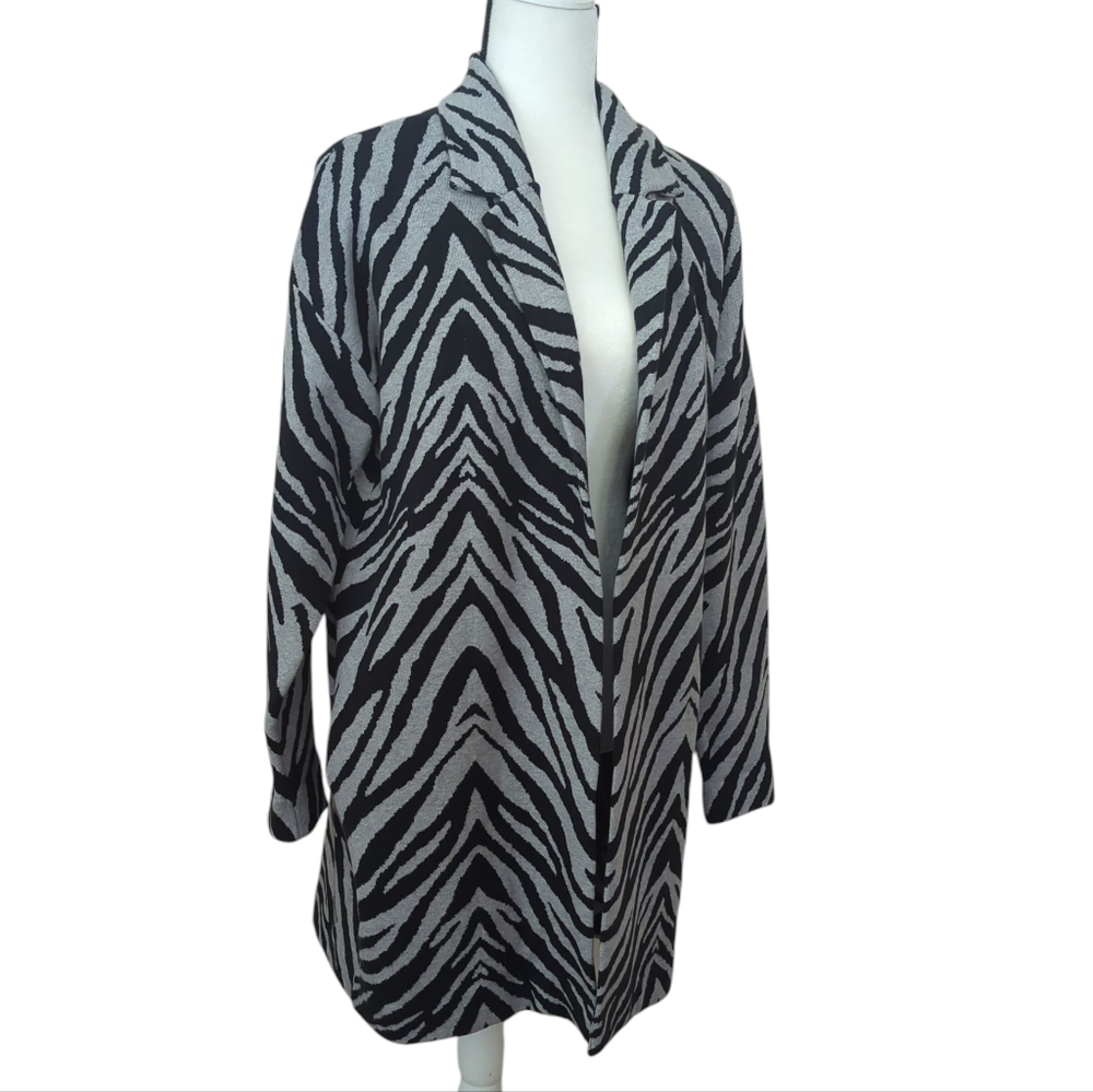 Premise Zebra Print Longline Cardigan Sweater Coatigan LARGE Black Gray Pockets